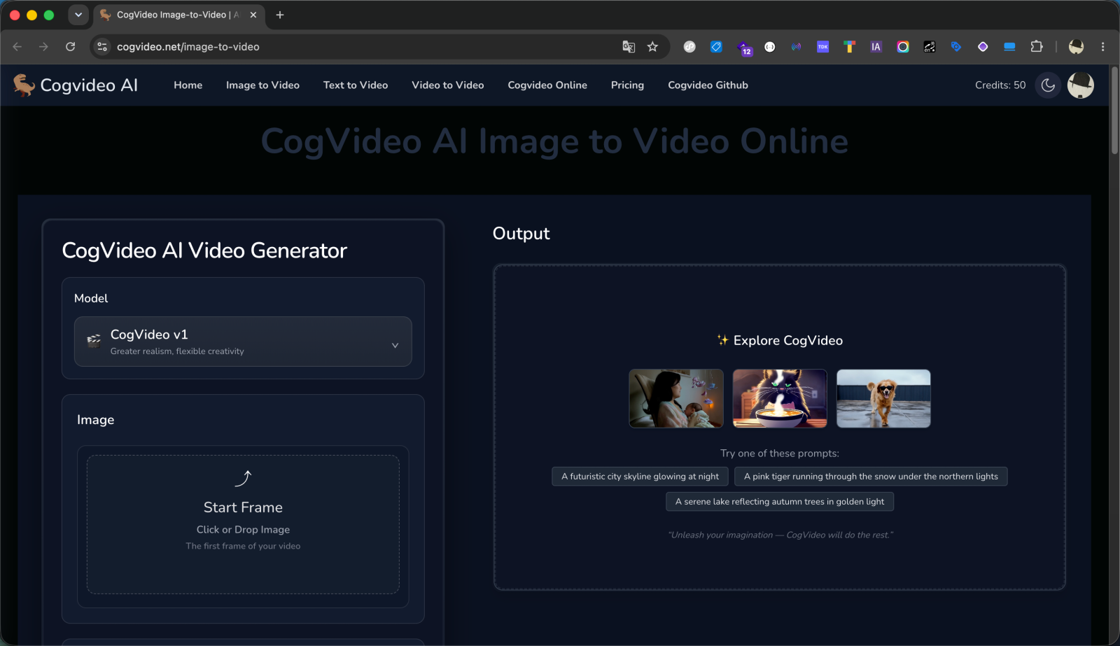 CogVideo Image to Video online tool with the CogVideo v1 model selected and a Start Frame upload area on the left