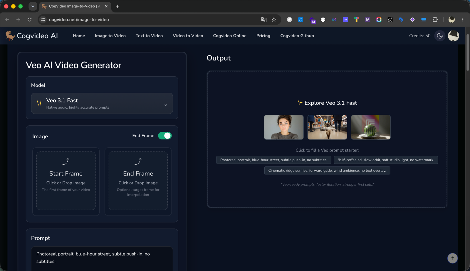 CogVideo Image to Video with the Veo 3.1 Fast model selected, showing the End Frame toggle enabled and separate Start Frame and End Frame upload areas above a prompt field