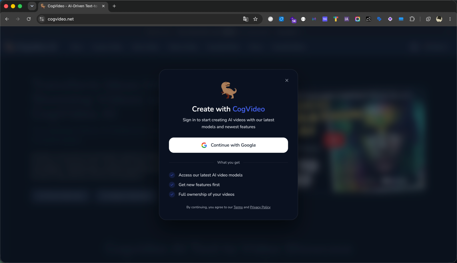 The Create with CogVideo sign-in window, with a Continue with Google button and a list of what you get