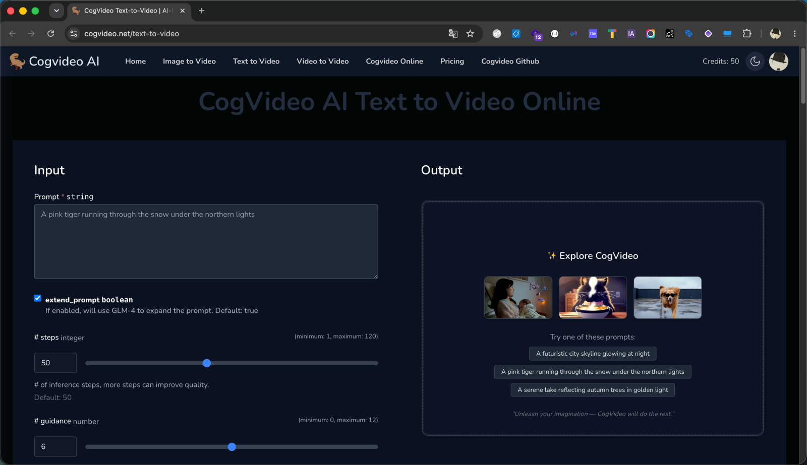 The CogVideo Text to Video input panel, with the Prompt field, the extend_prompt toggle, and the steps and guidance controls