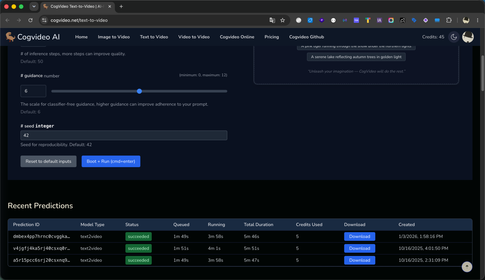 Recent Predictions table on CogVideo Text to Video, showing each generation's status, timings, credits used, and a download link